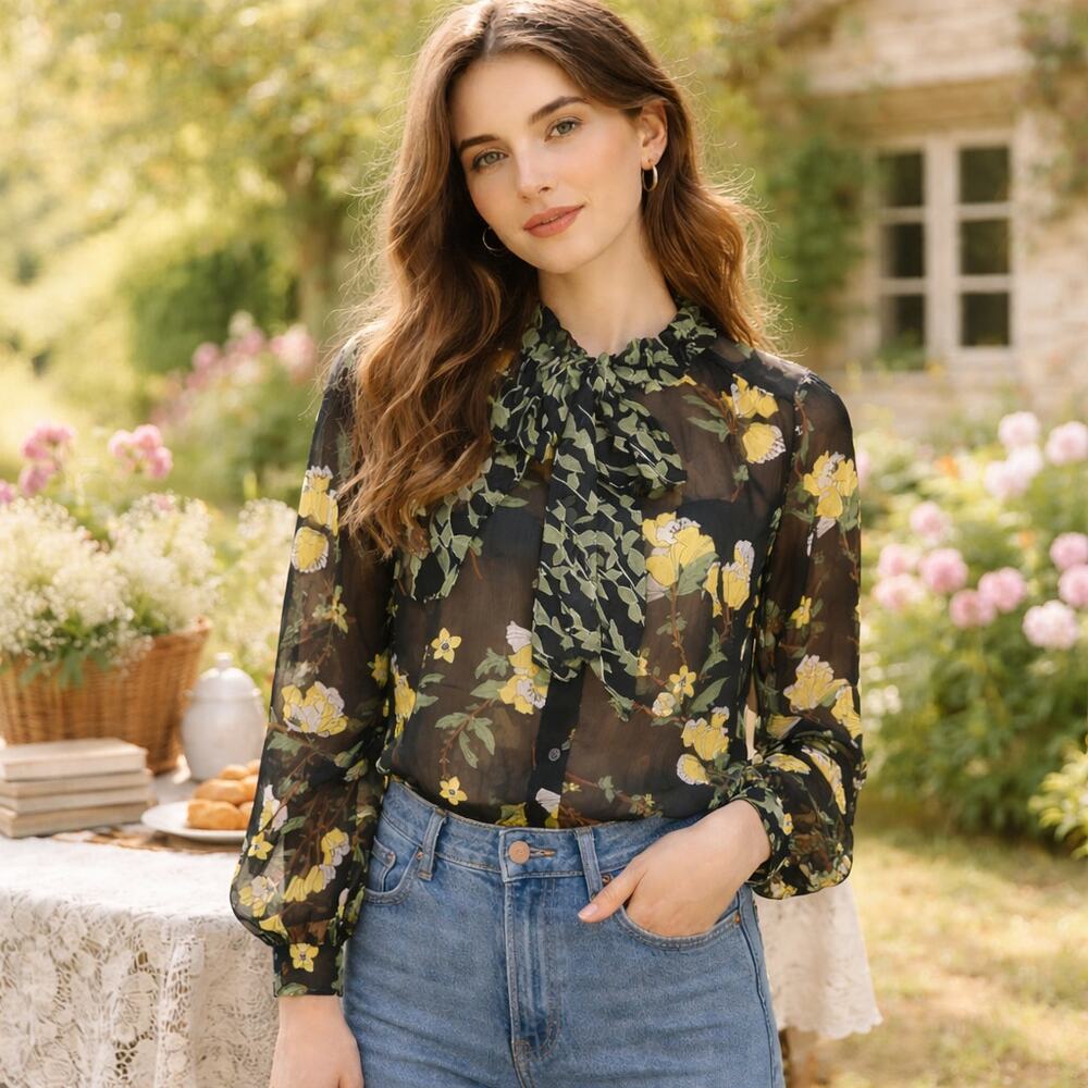 Who What Wear Black Floral Romantic Ruffle Tie Neck Blouse XS